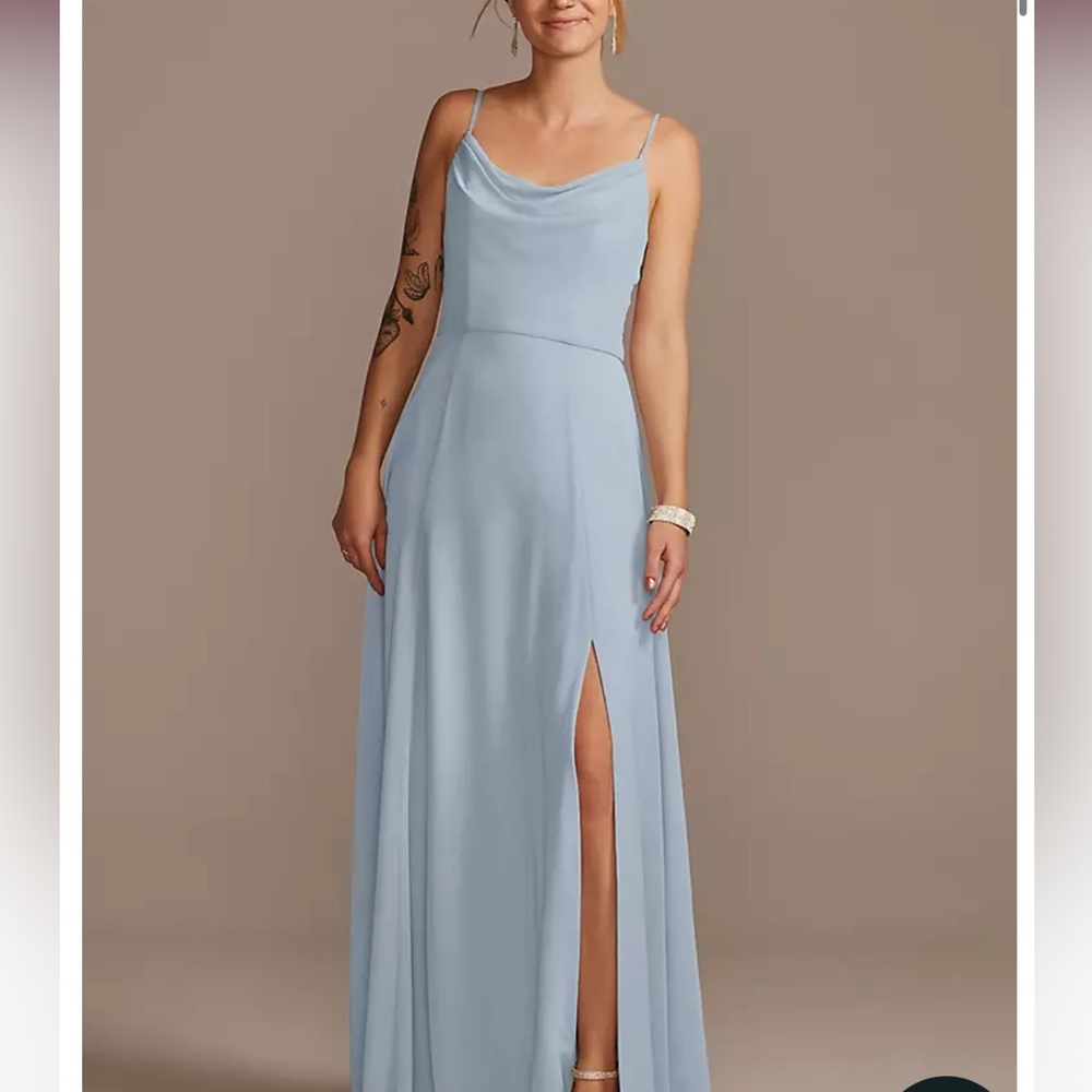 David’s bridal cowl neck long dusty blue dress size 4.